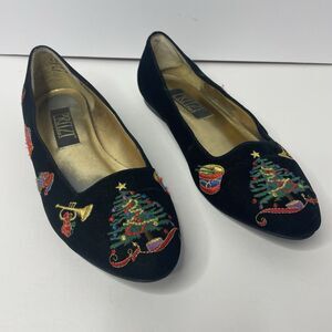 Pritzi Flats Holiday Black Velvet Embroidered Christmas Tree Women's Size 8M